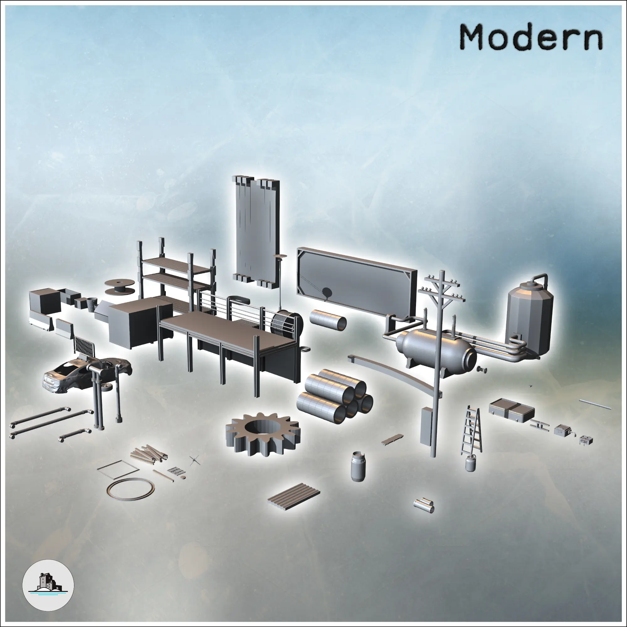 Set of modern outdoor accessories with car carcass, advertis