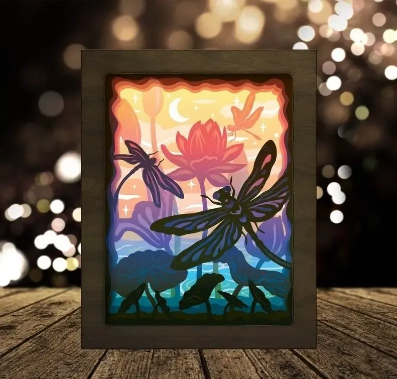 Dragonfly on Lotus light box (shadow box)
