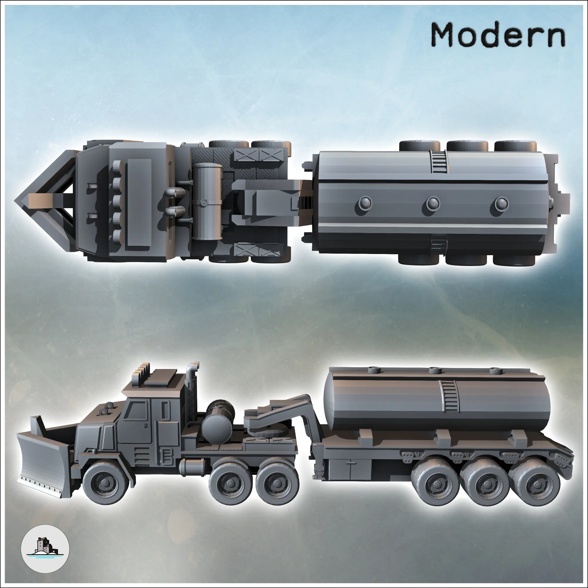 Modern Twelve-Wheel Truck with Front Blade and Rear Tank (11