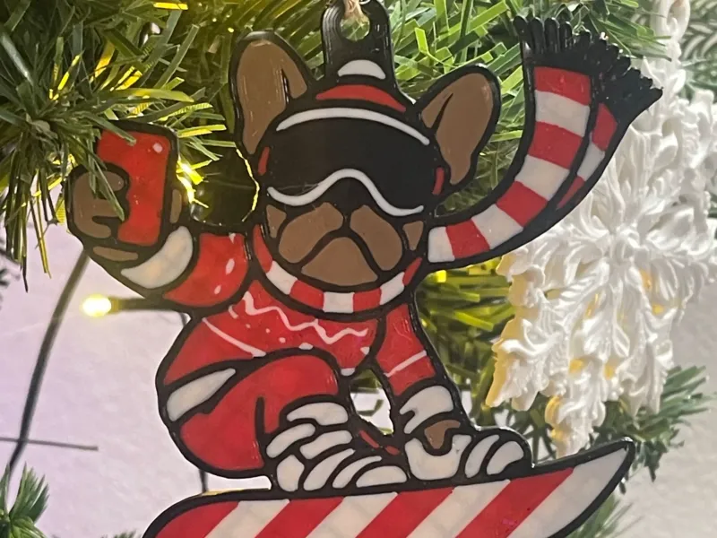 FRENCHIE ON SNOWBOARD ORNAMENT