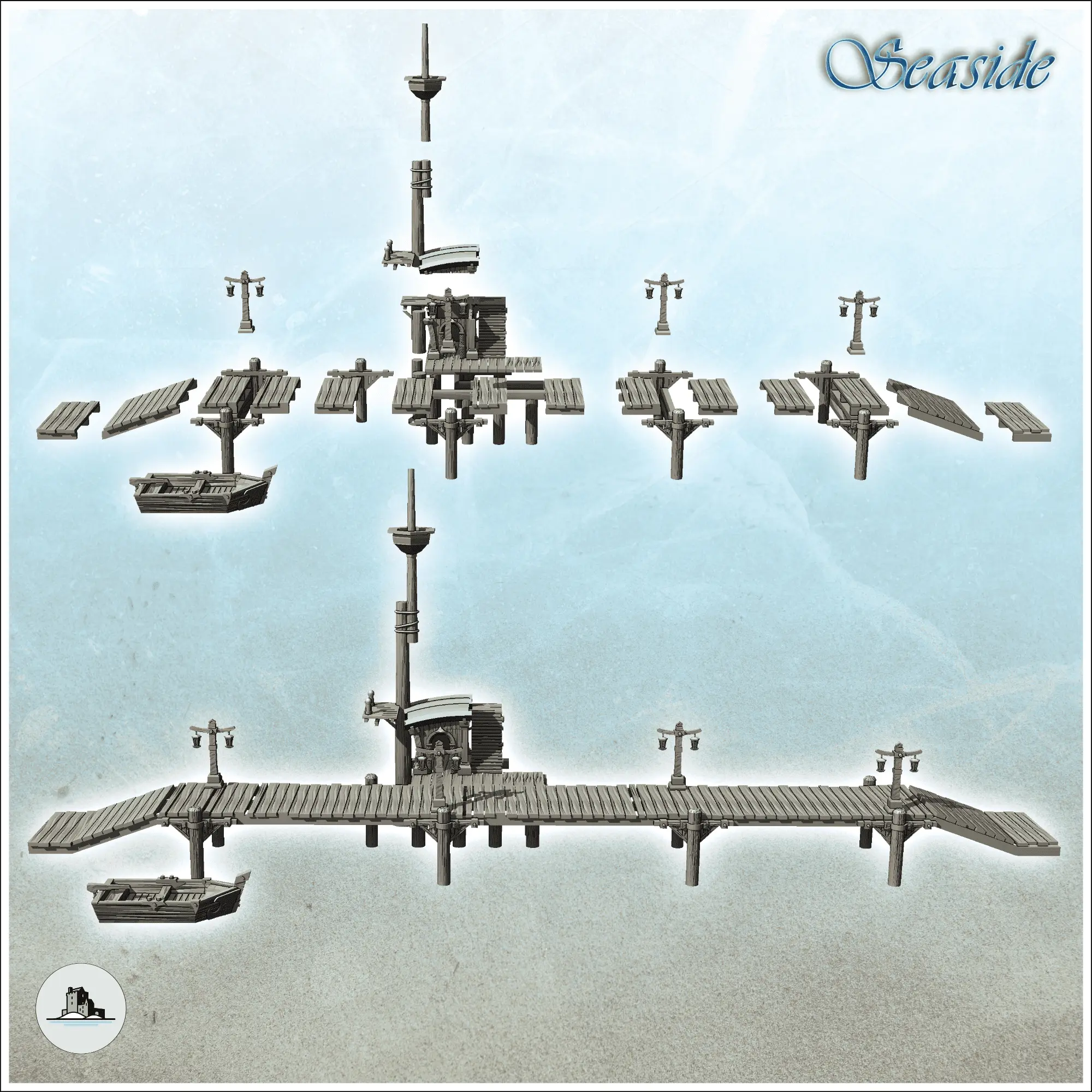 Modular set of medieval wooden pontoons with mast and boat (