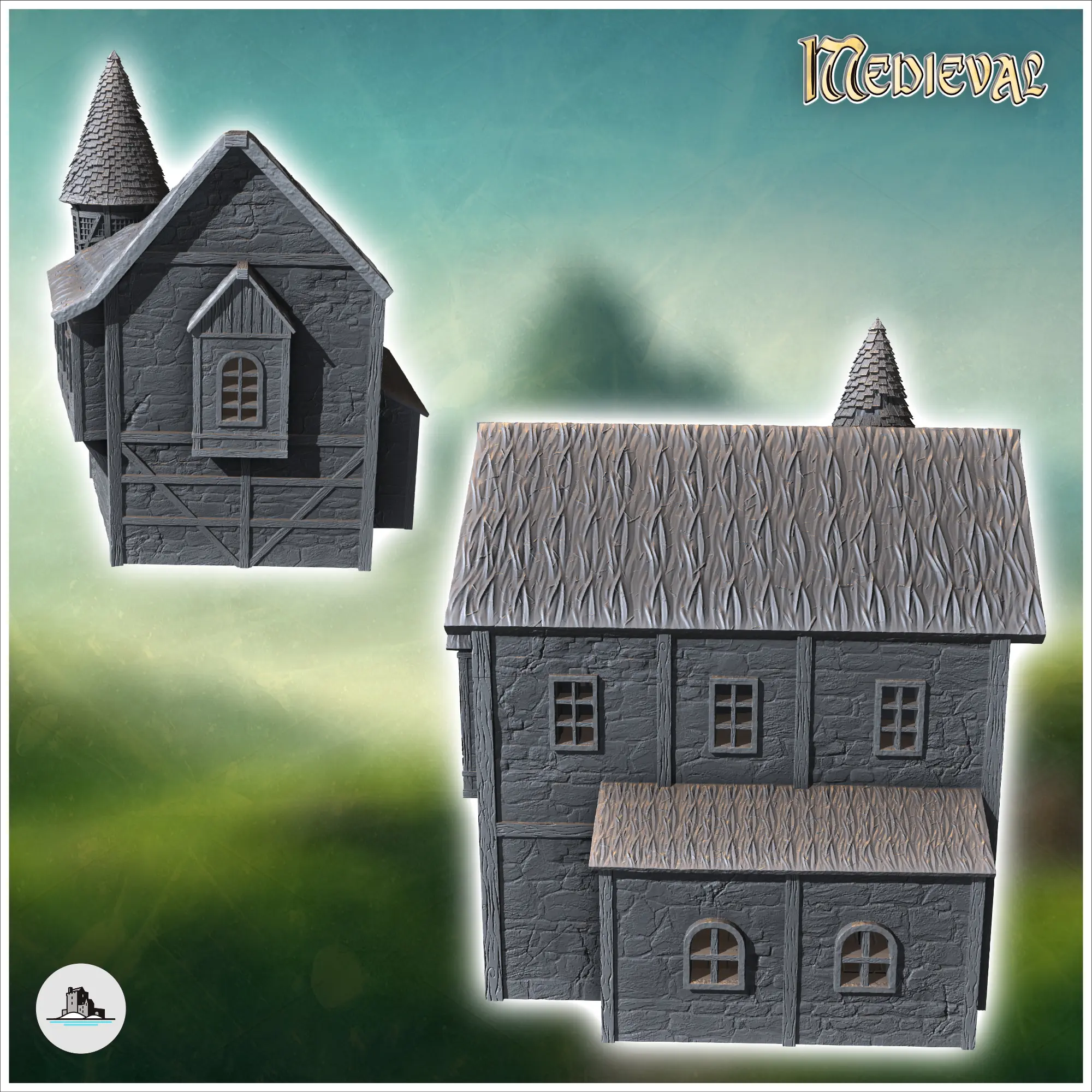 Other STL Download - Medieval house with round corner tower
