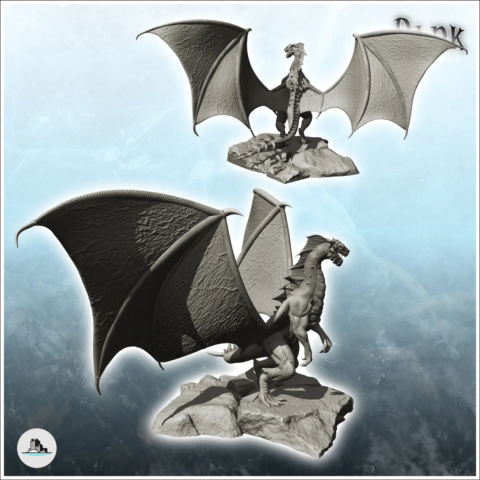 Dragon with big wings standing on rocky ground - figure mini
