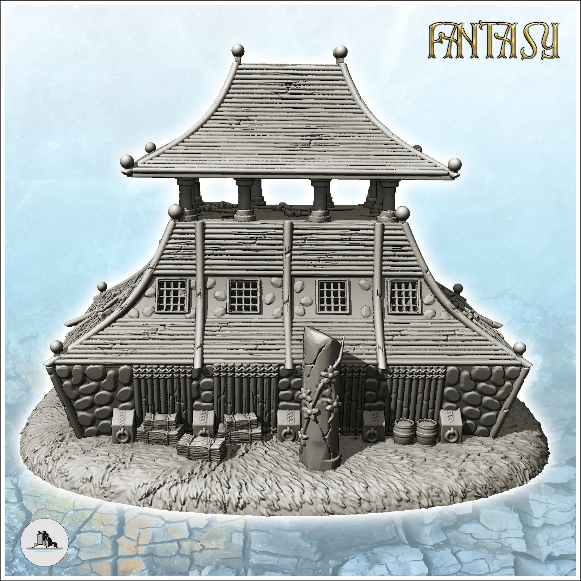Large curved-roof medieval building with upstairs terrace an
