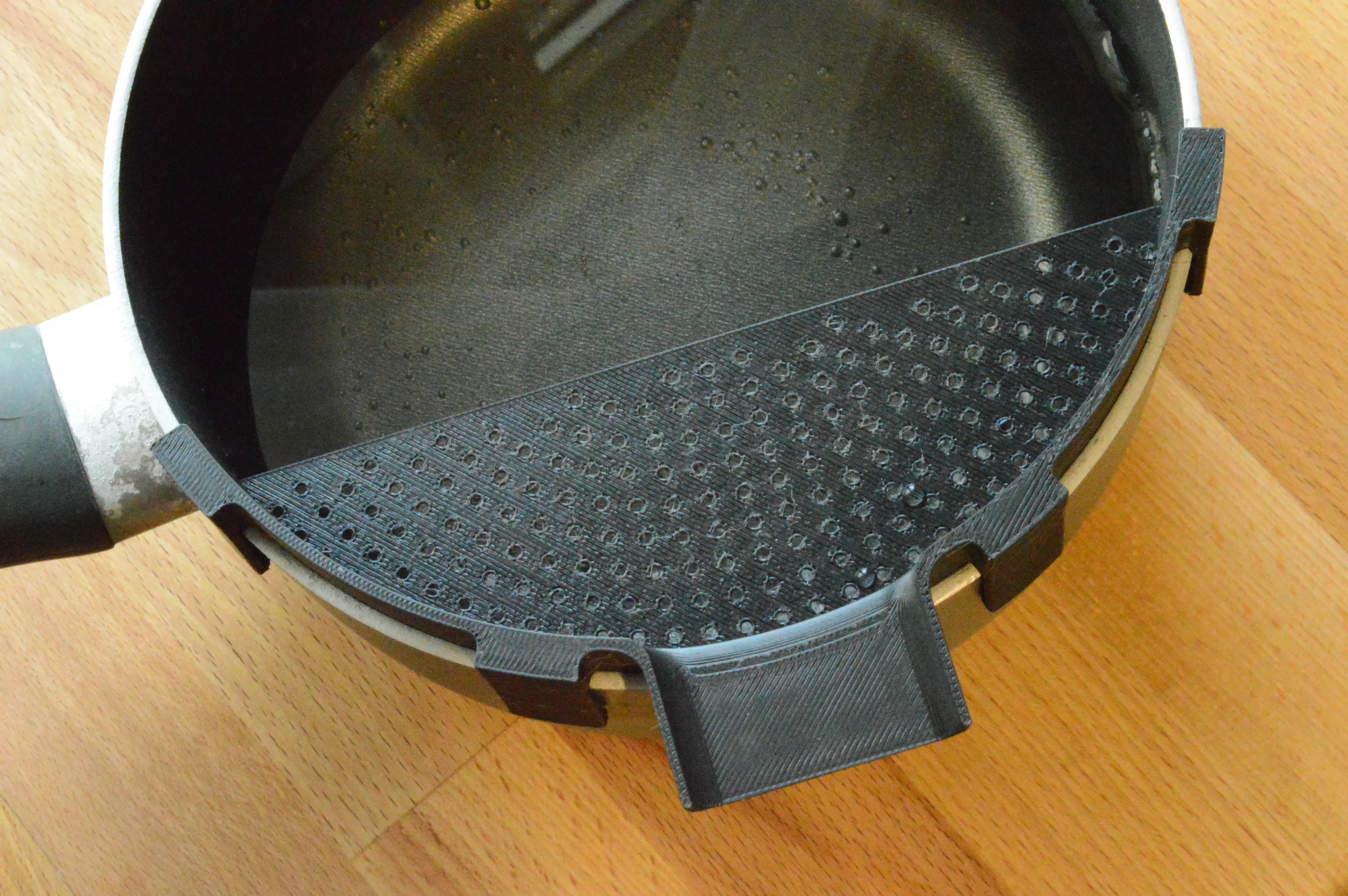 Clip-on strainer for pots, pans and bowls