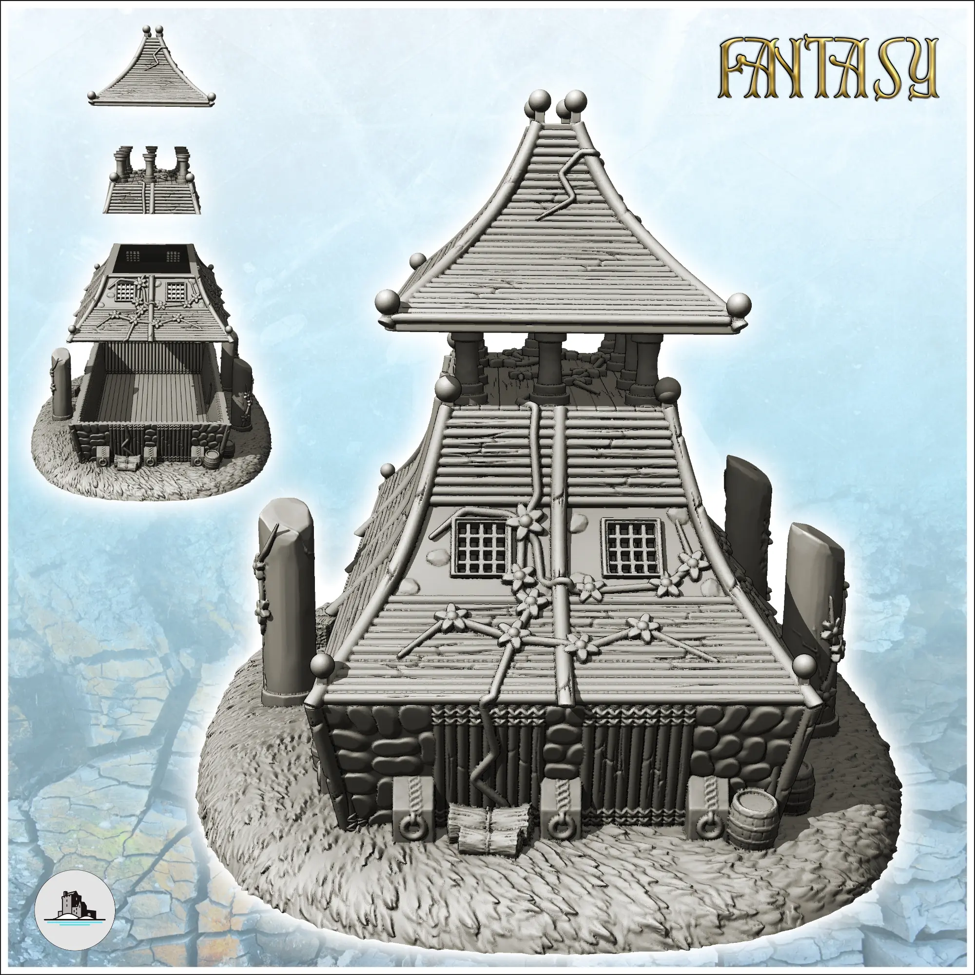 Large curved-roof medieval building with upstairs terrace an