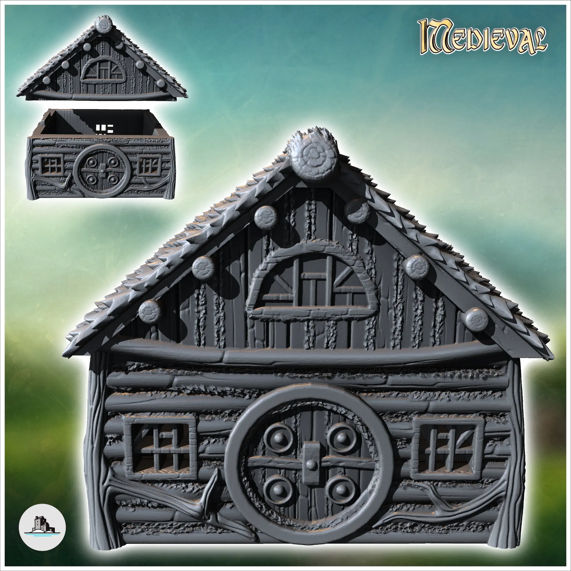 Casa medieval hobbit con puerta redonda y paredes de troncos (13) - m