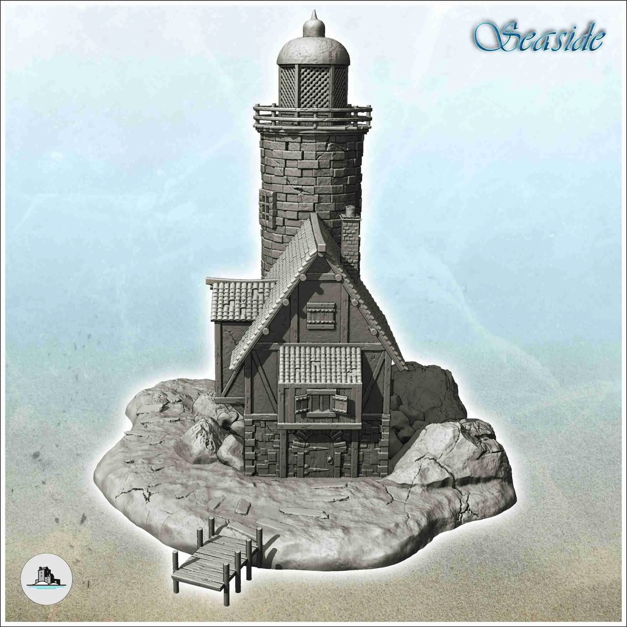 Faro medieval en isla con pontón de madera (10) - sce