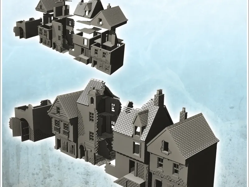 Set of five ruined buildings with tile roof and floors (27)