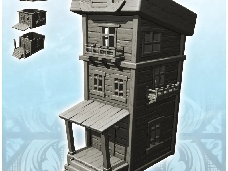 Bâtiment médiéval en bois à deux étages avec entrée sur plate-forme a