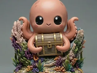 Aquarium Decor Chibi Style Kraken Treasure Chest 3D Design