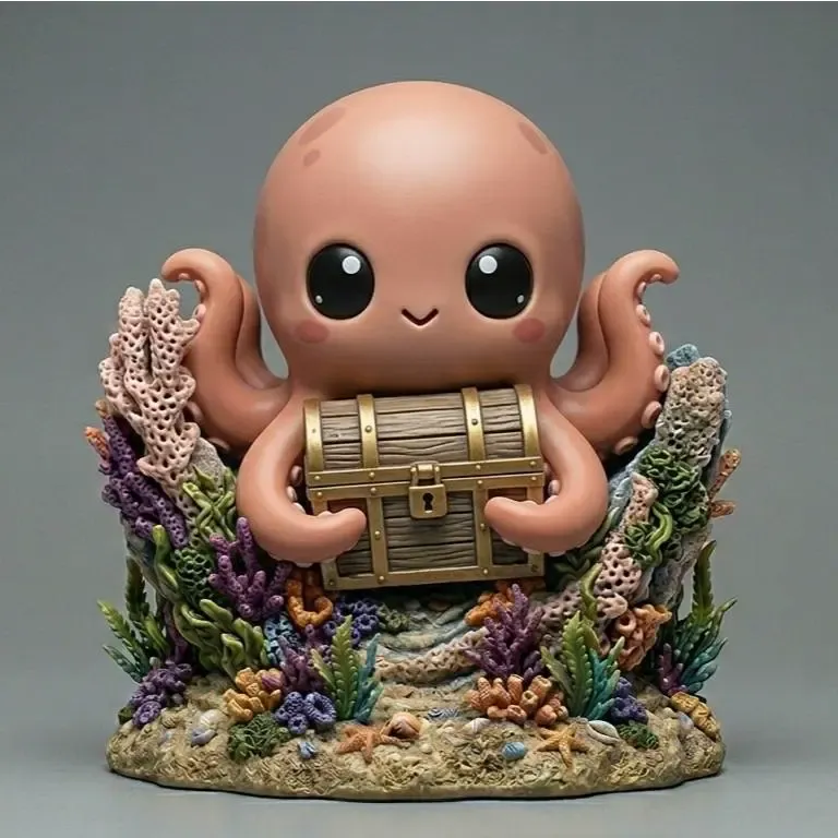 Aquarium Decor Chibi Style Kraken Treasure Chest 3D Design