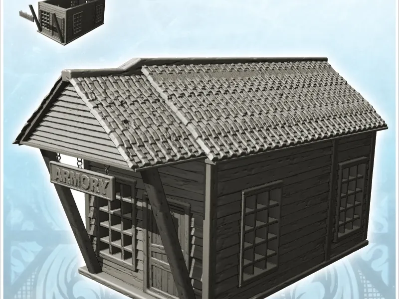 Medieval wooden armory with tiled roof and large entrance ca
