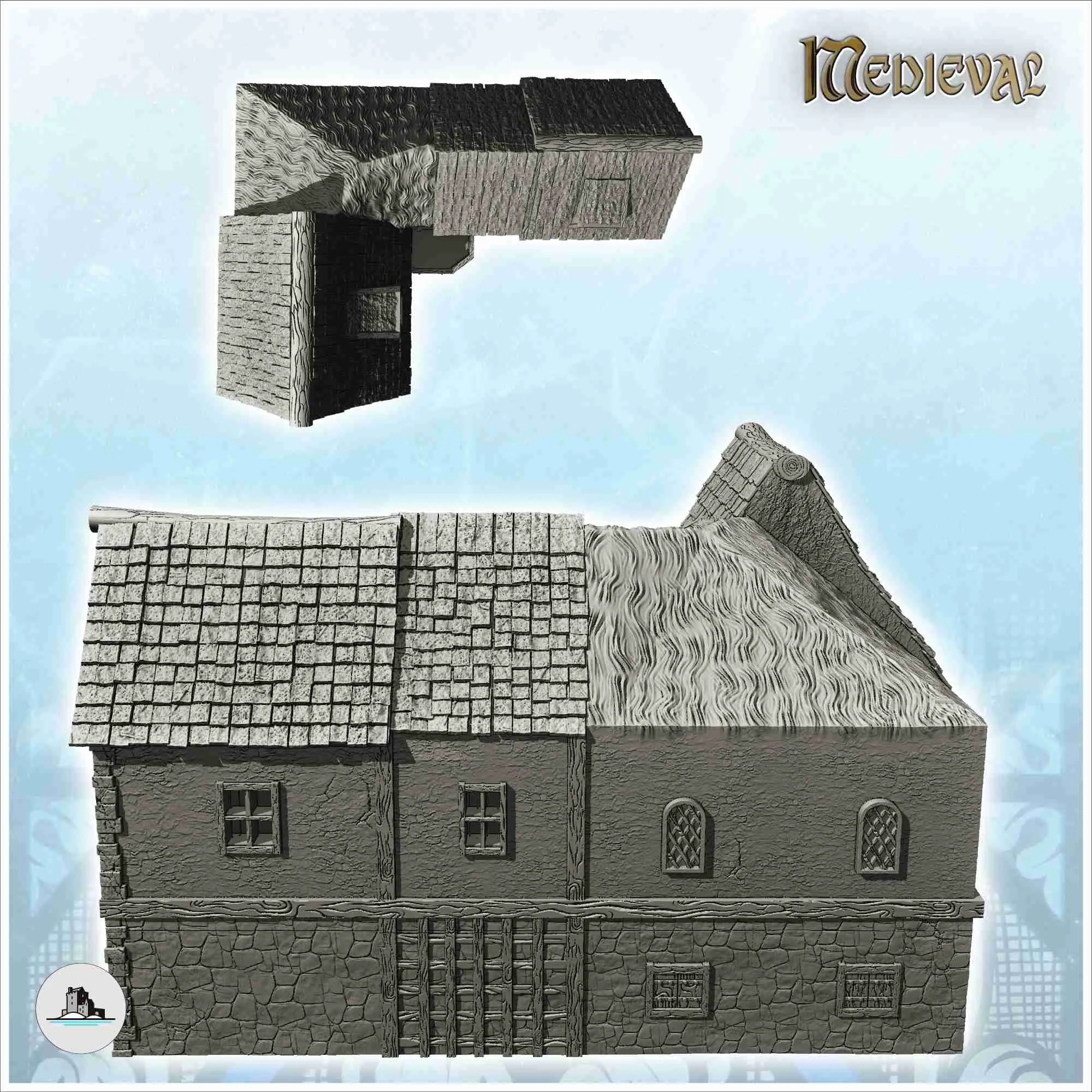 Casa medieval com varanda e telhado misto de colmo e ardósia