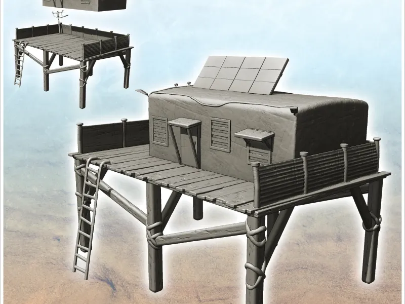 Post-apocalyptic house on stilts with solar panels and acces