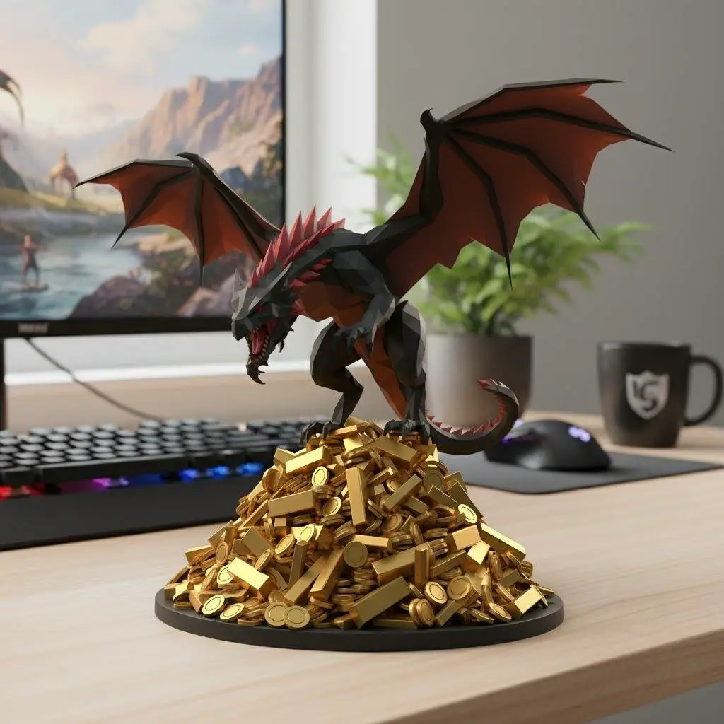 Aggressive Dragon on a mountain of gold lowpoly