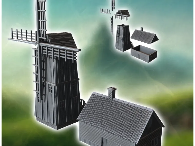 Ensemble de moulins en bois sur une base carrée avec un bâtiment agricole annexe