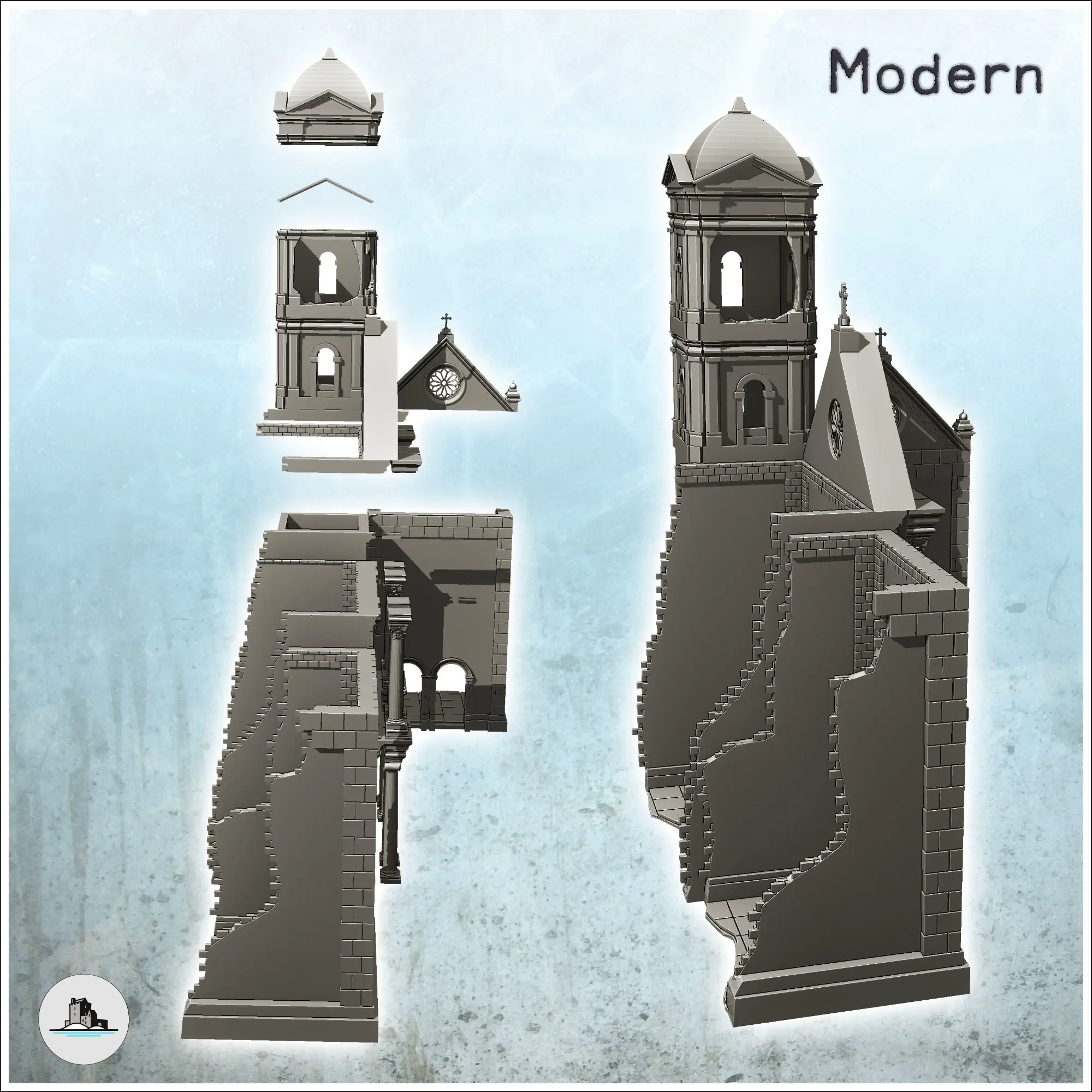 Monasterio neoclásico en ruinas con frontón y campanario