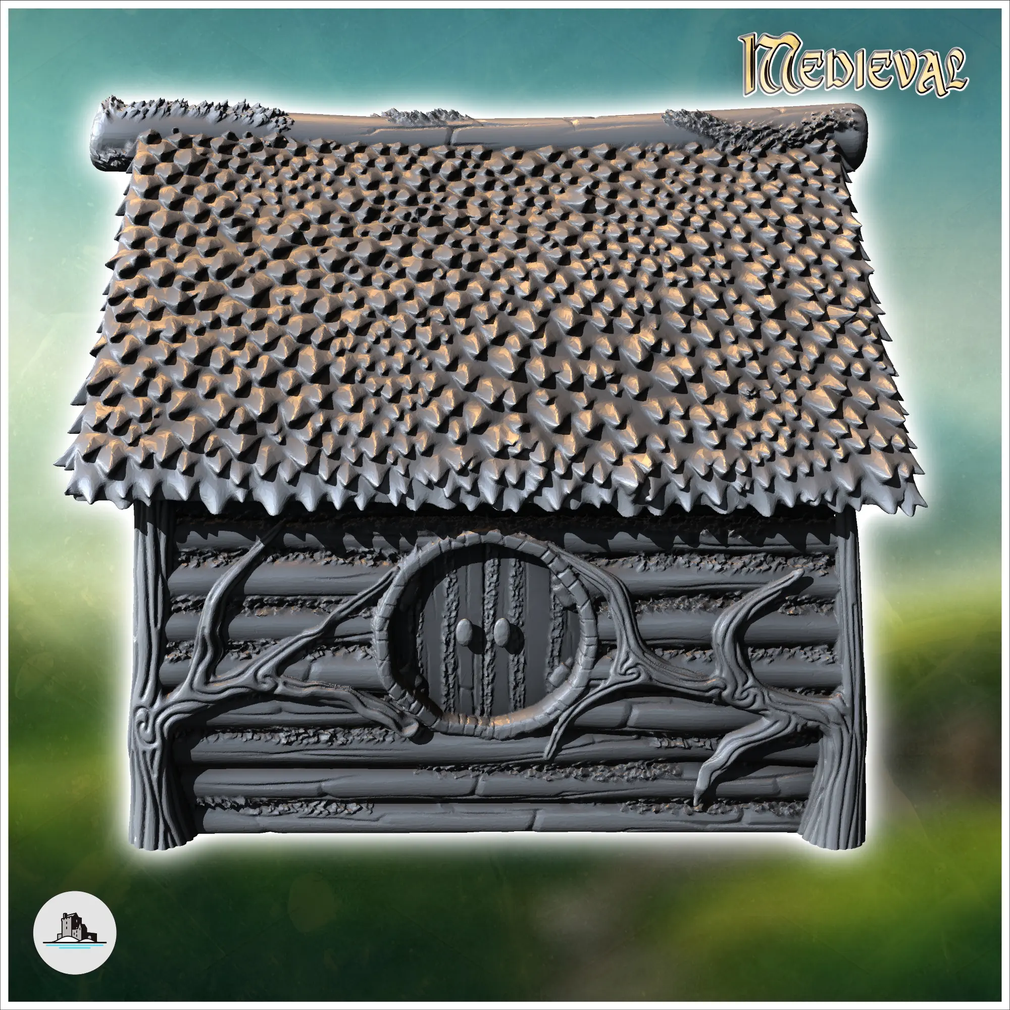 Casa medieval hobbit con puerta redonda y paredes de troncos (13) - m