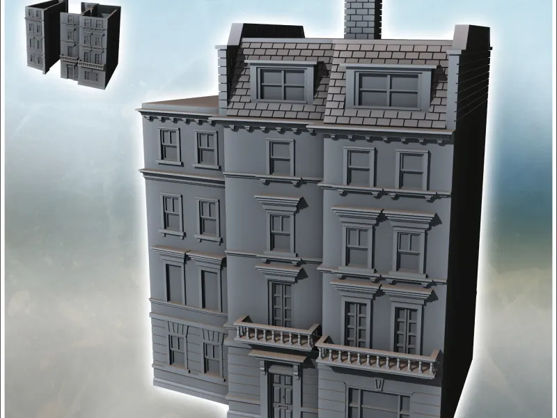 Large modern building in three parts with four floors and ro