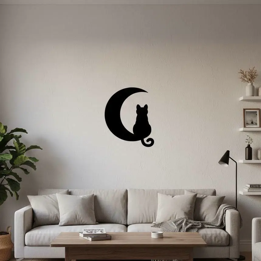 Cat on the Moon Wall Art - Minimalist Silhouette Decor