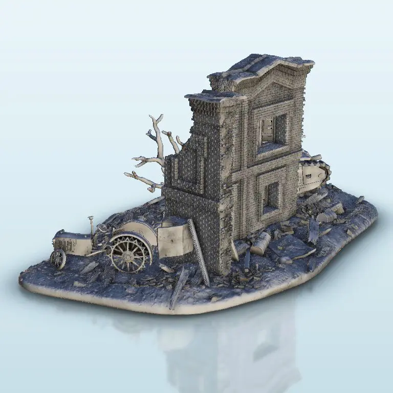 Ruins with B1-bis tank wreckage - terrain WW2 scenery mini