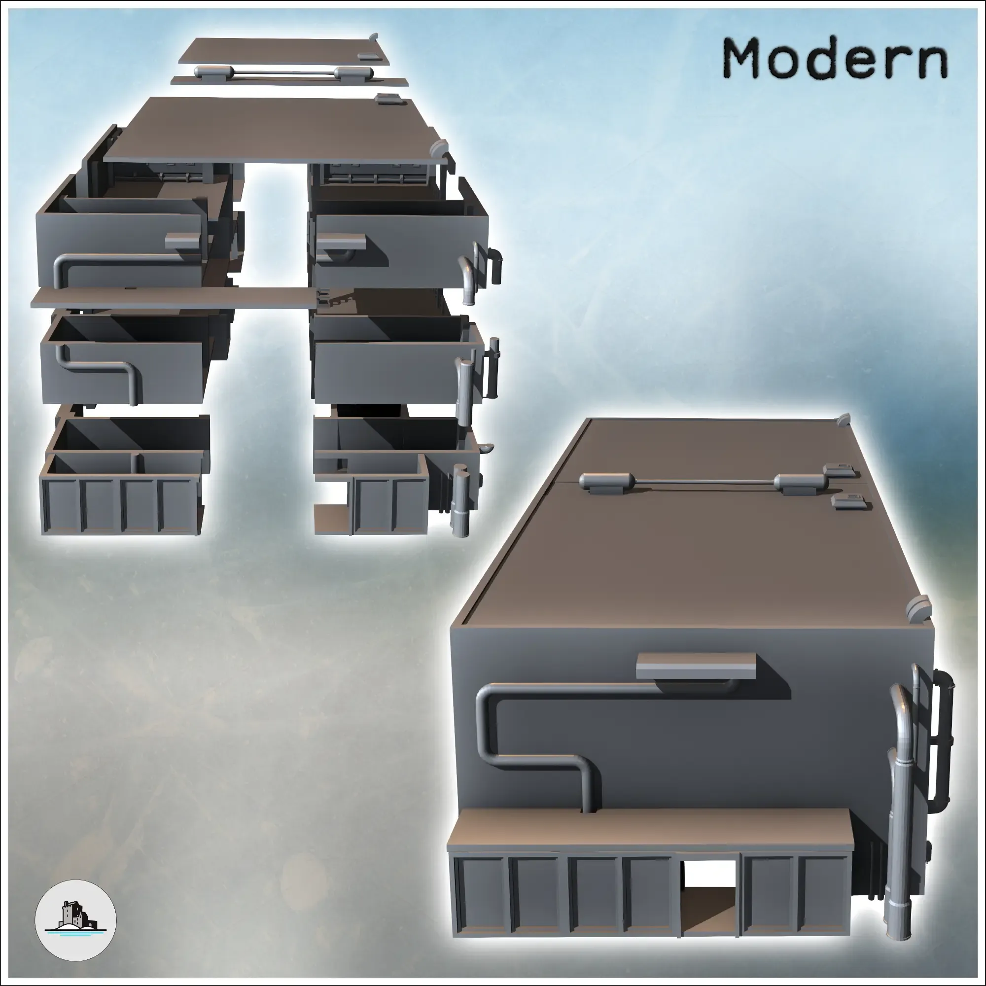 Open modern industrial building with multiple floors, flat r