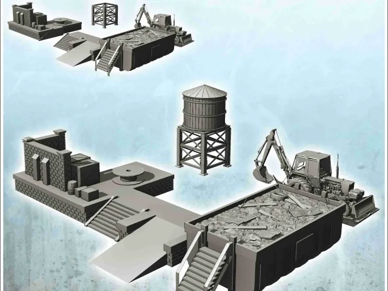Set industriële elementen met kiepbak, dok, dieplepel en laadbak