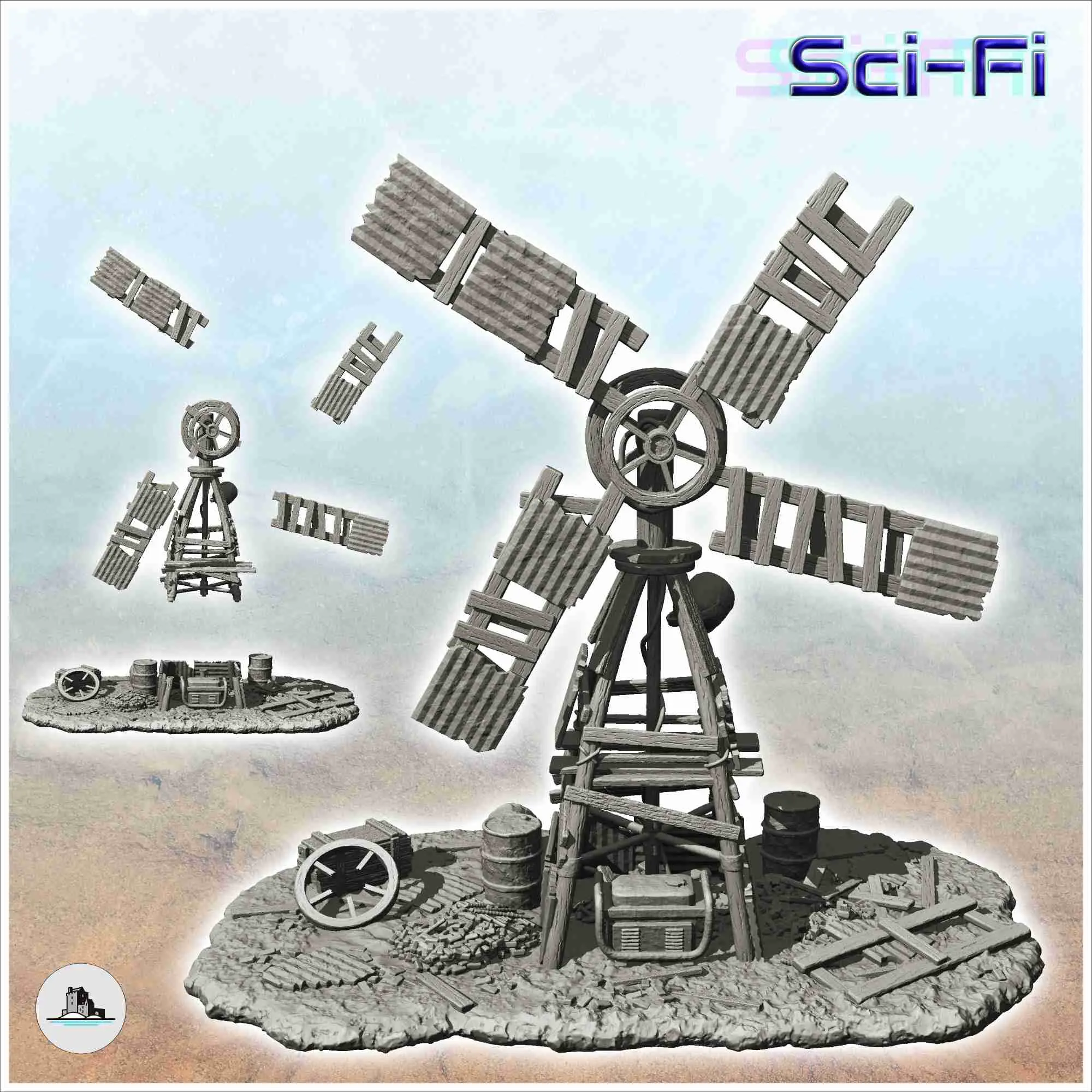 Post-apocalyptic wind turbine made of sheet metal and wood w