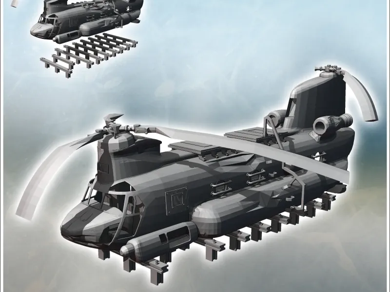 Carcaça de um Boeing CH-47 Chinook sobre barras de metal com a tampa danificada