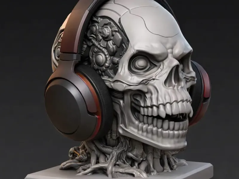 Buste de crâne cybernétique avec casque