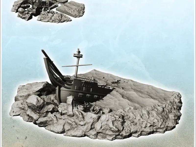 Carcassa di nave incagliata sulla costa - miniature di barche scenografiche