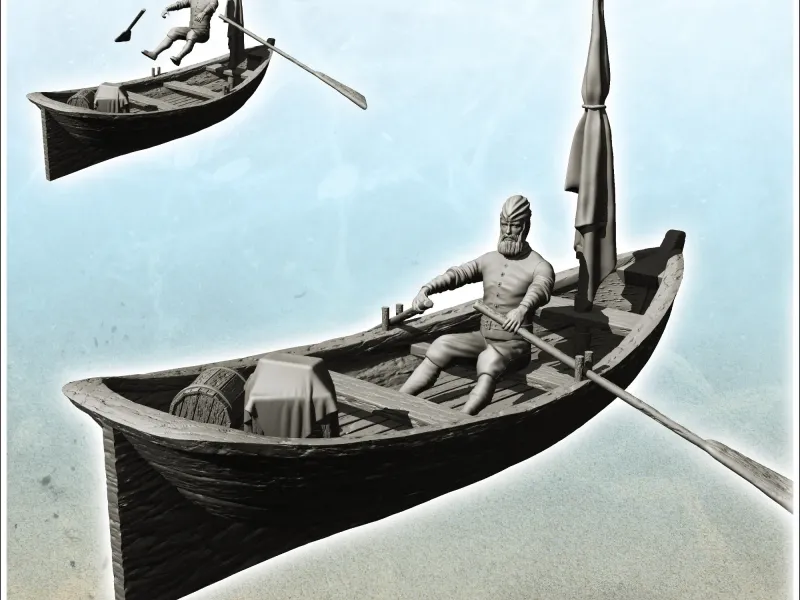 Old pirate rowing in wooden boat with mast - figure mini