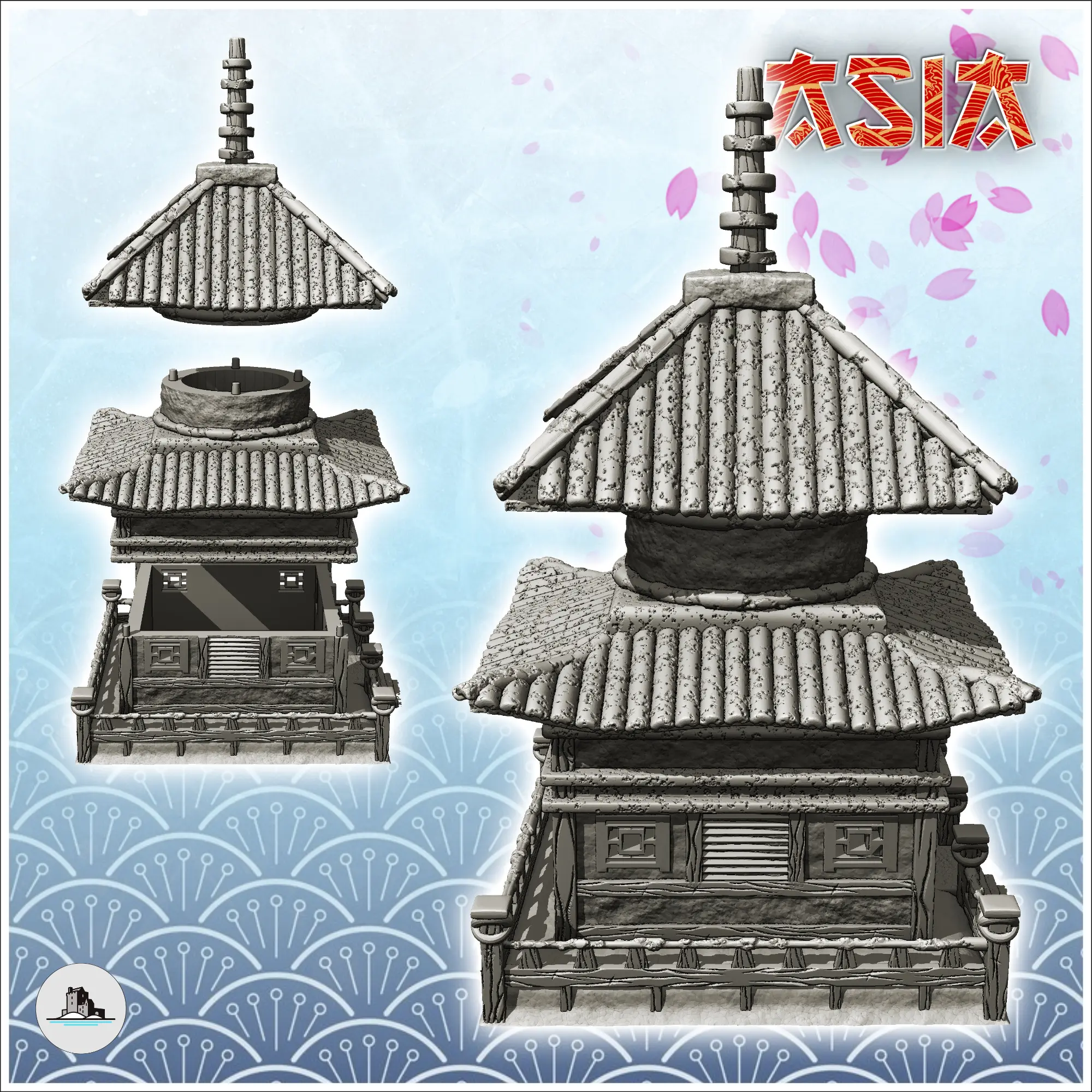 Pagoda oriental con escalera de acceso, tejado doble curvo y