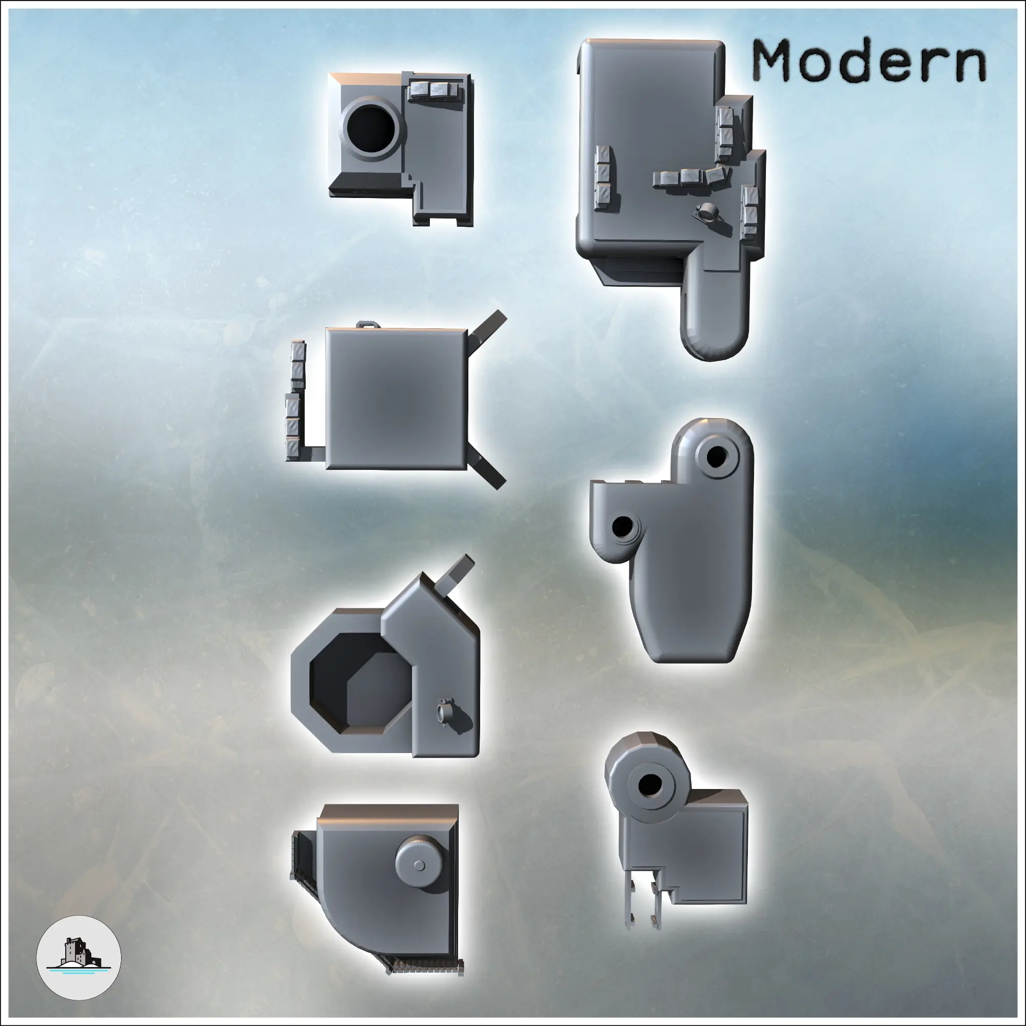Set of seven military bunkers with different configurations