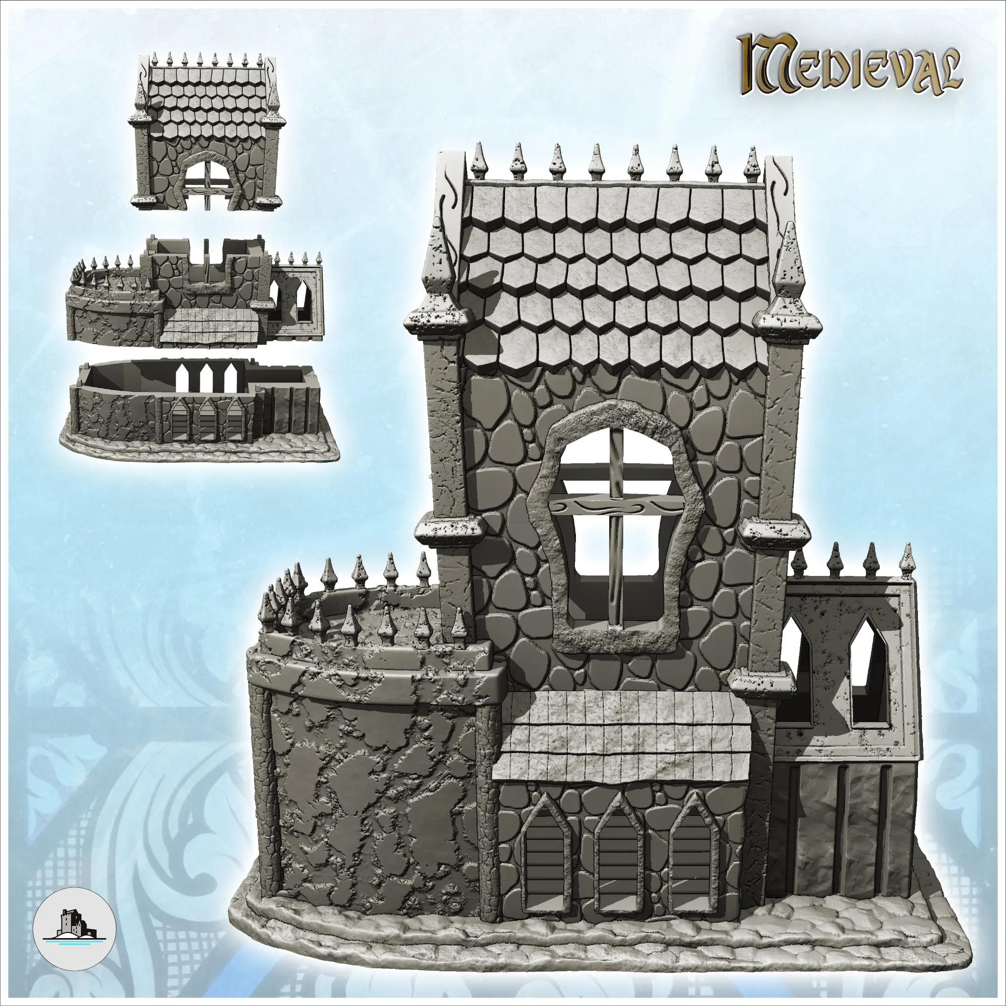 Medieval Gothic building with large stone tower and roof spi