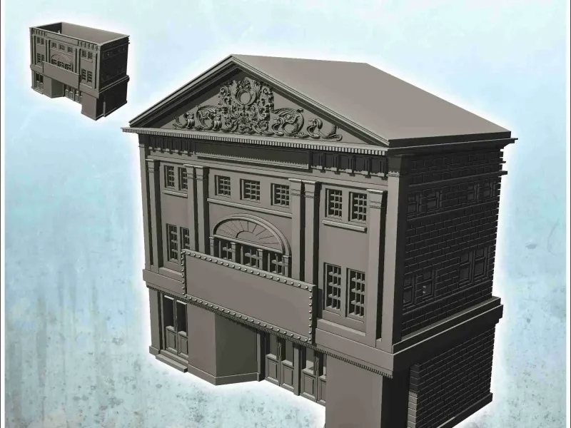 Neoclassical theater with large carved pediment and display