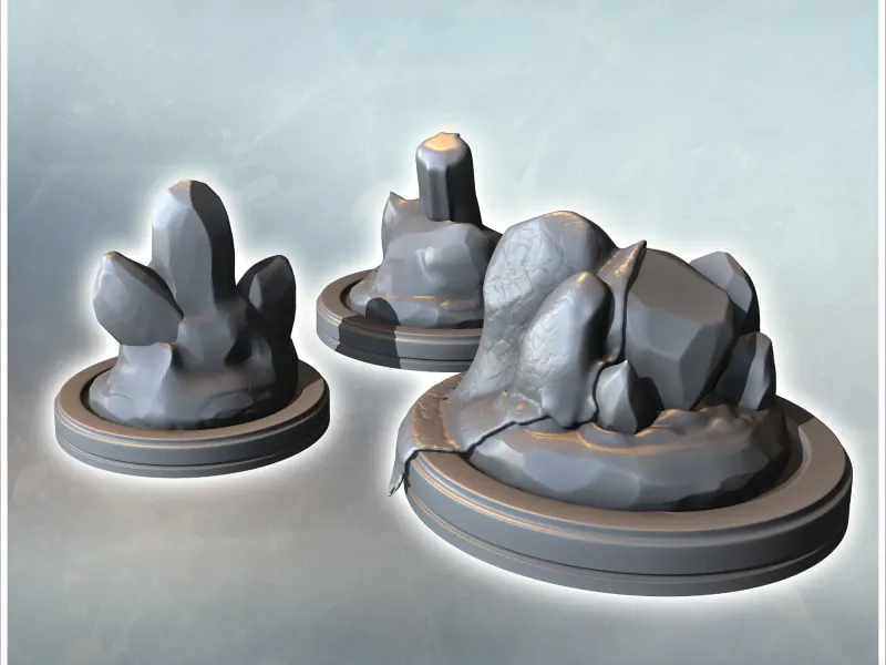 Set of three crystals and rocks on round bases (1) - miniatu
