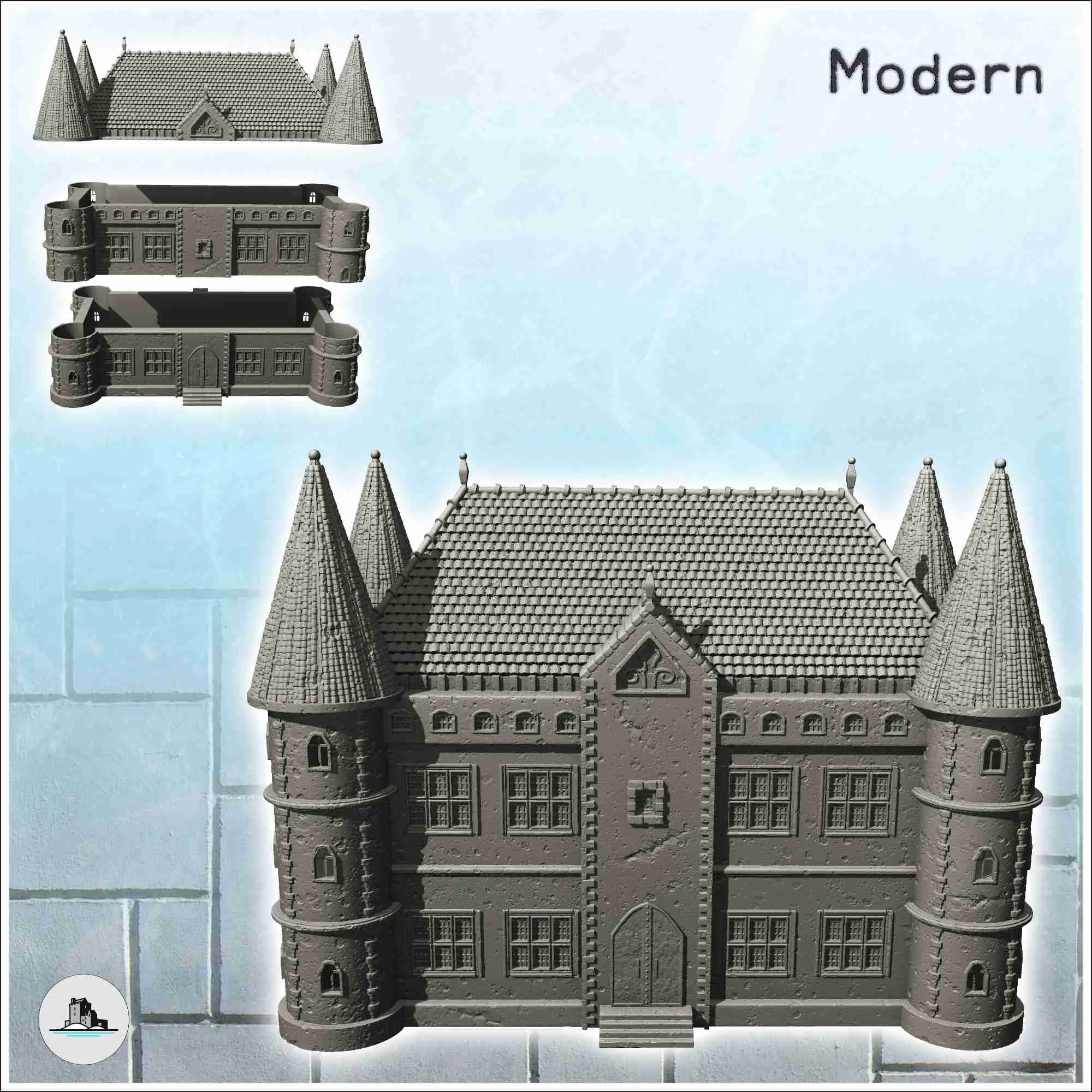 Grande castelo moderno com torres de canto quádruplo e central
