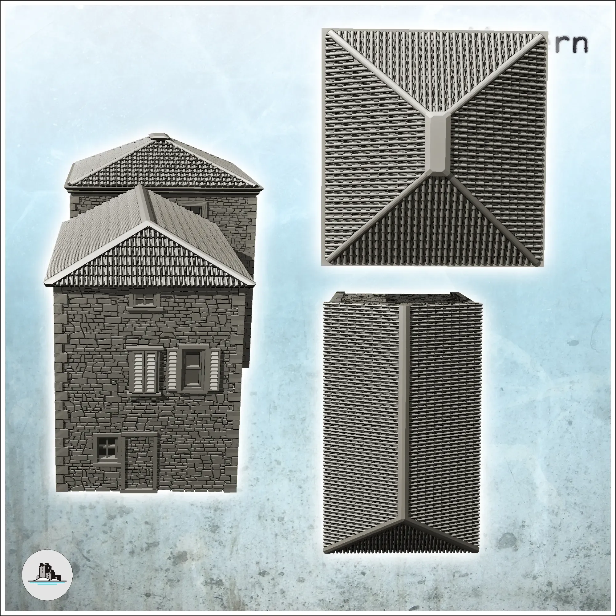 Set of two tiled roof houses with stone walls and shutters (