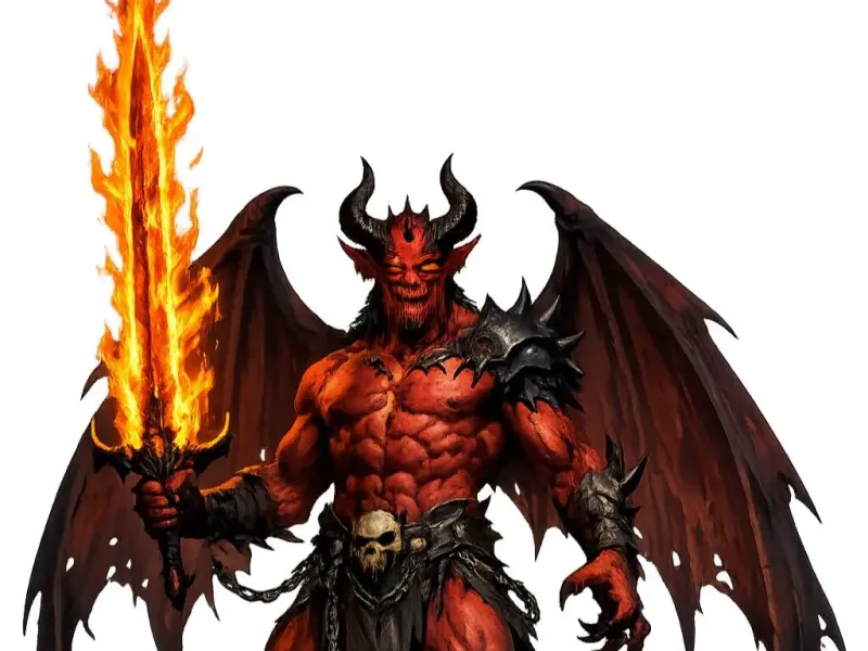 Devil with a flaming sword.