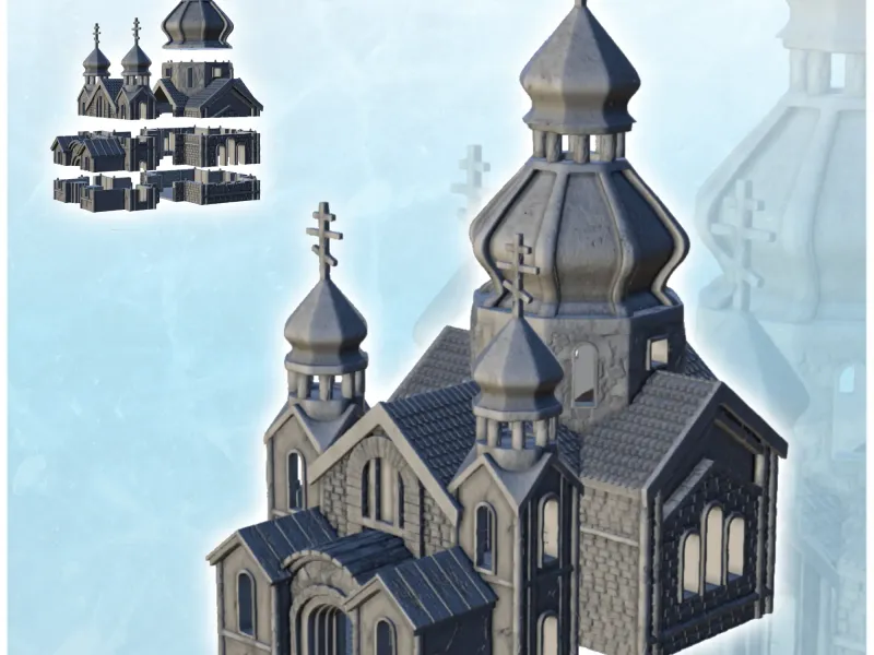 Orthodox brick cathedral with bell tower and double towers