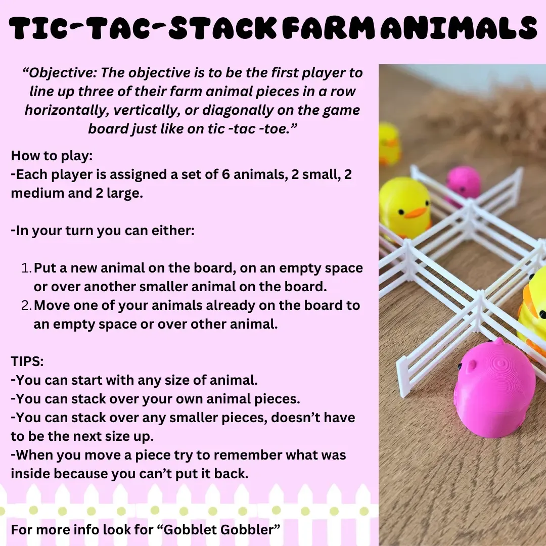 Tic-Tac-Stack Farm Animals Board Game / 3MF Included