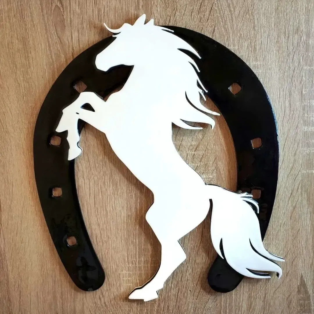 Horse in horseshoe decorative sculpture or wall 2D art