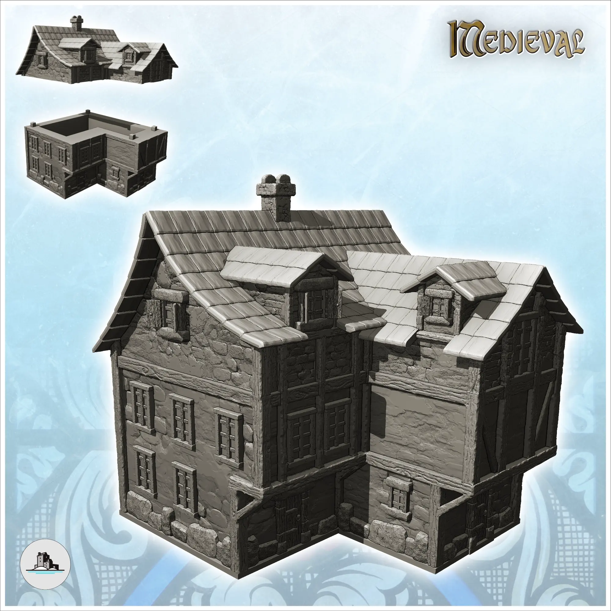 Large medieval house with offset storey and pitched roof wit