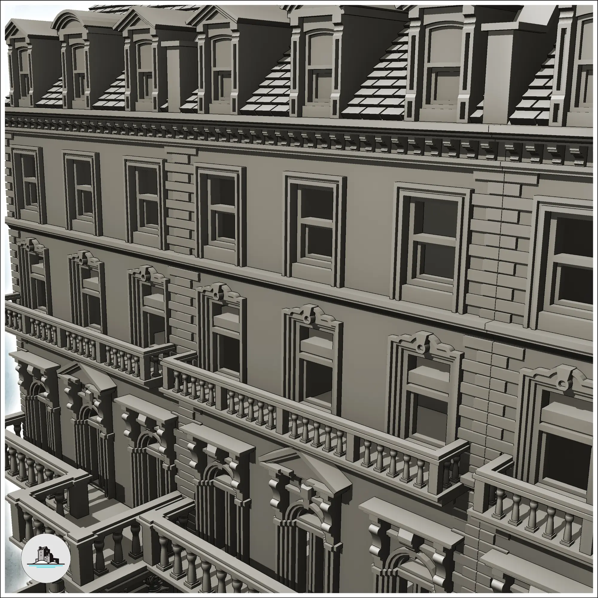 Large modern building with balcony and chimneys with low wal