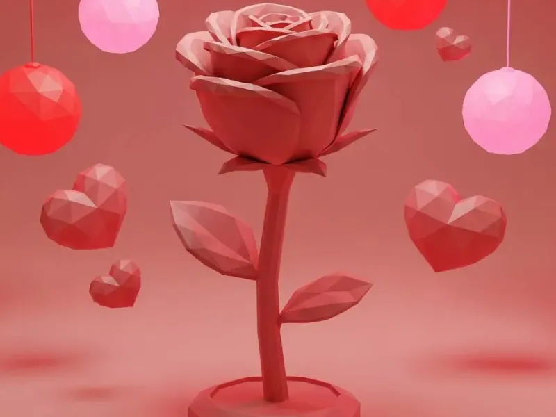 Rosa Low Poly con base para San Valentin