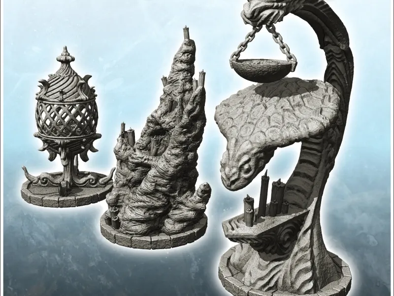 Set of three evil totems with snake-shaped torches and candl