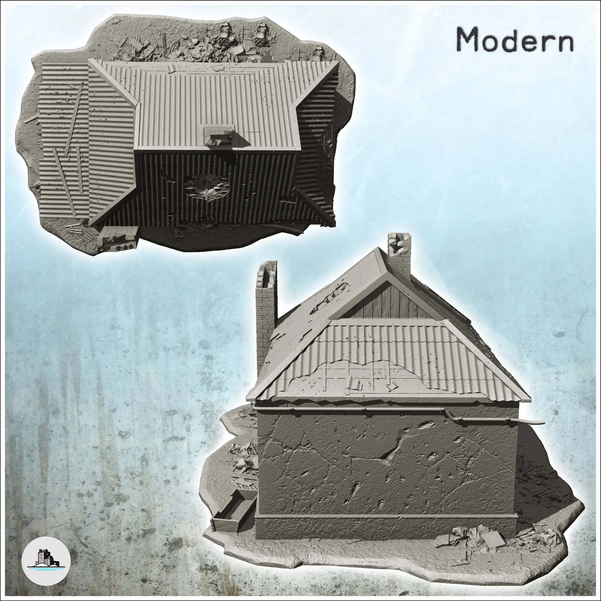 Maison moderne avec toit en tôle et cheminée extérieure (endommagée)