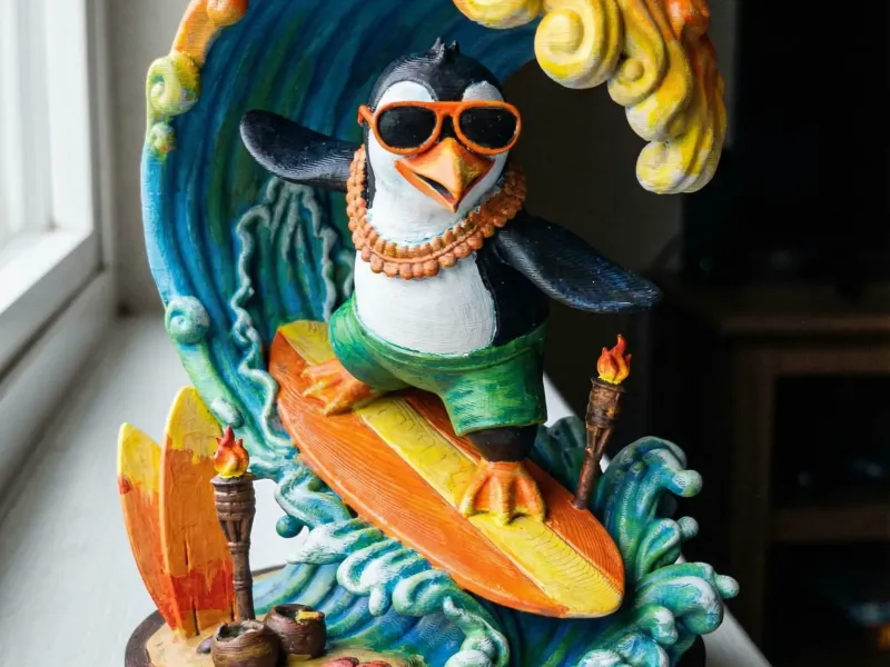 Surfing Penguin Statue | Tropical Bird Sculpture | Summer